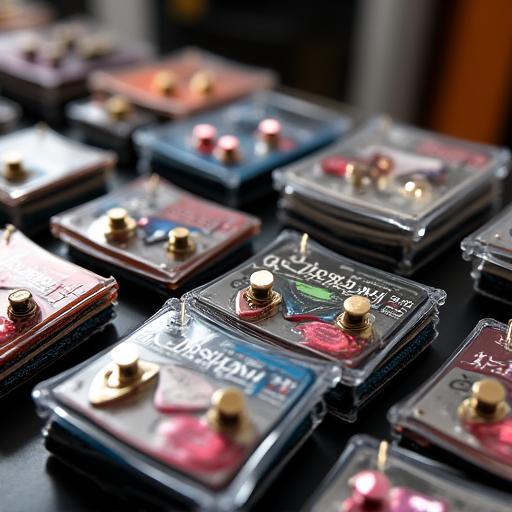 A display of guitar strings, picks, and other instrument accessories.